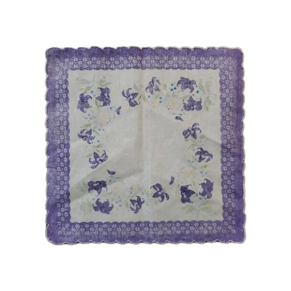 Linen Purple Lily Floral Handkerchief Scalloped Cottage Core Bridesmaid Granny